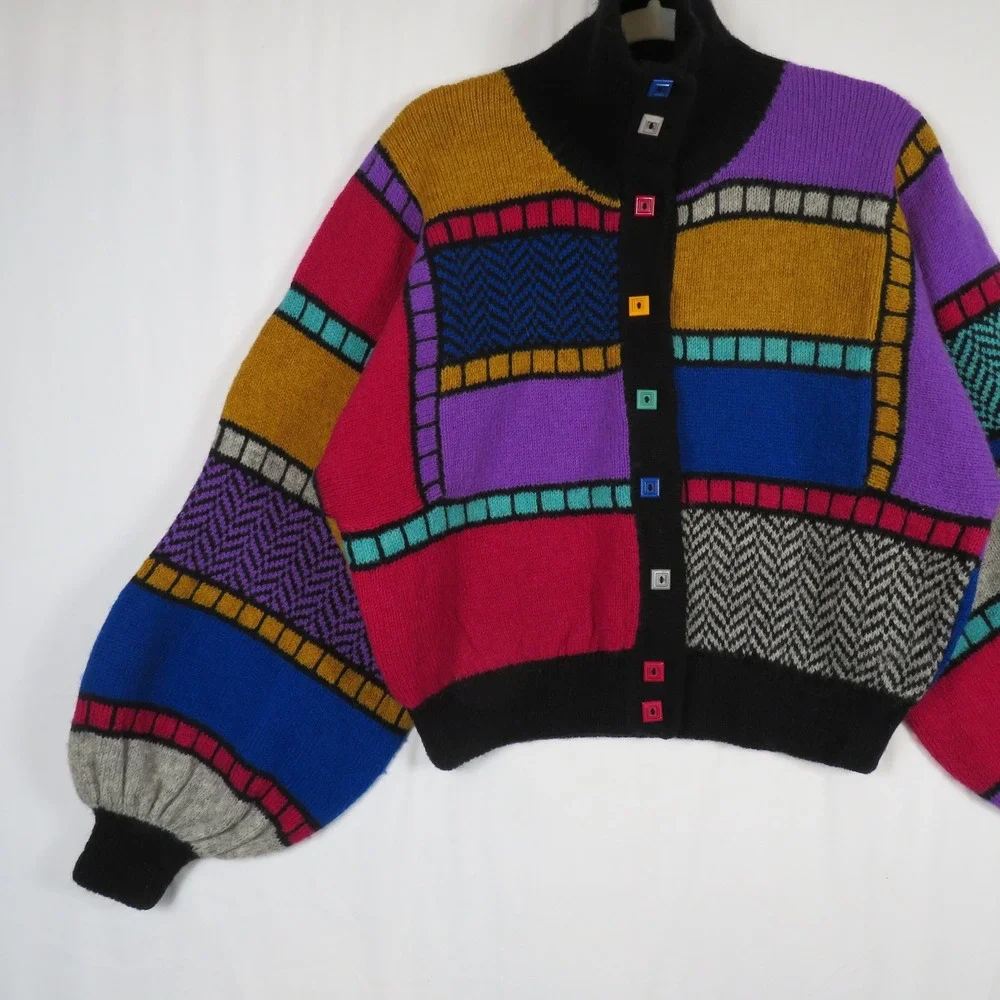 Kotki Dwa Scotland Wool‎ Patchwork Cardigan Sweater Colorful Knit Handmade Small